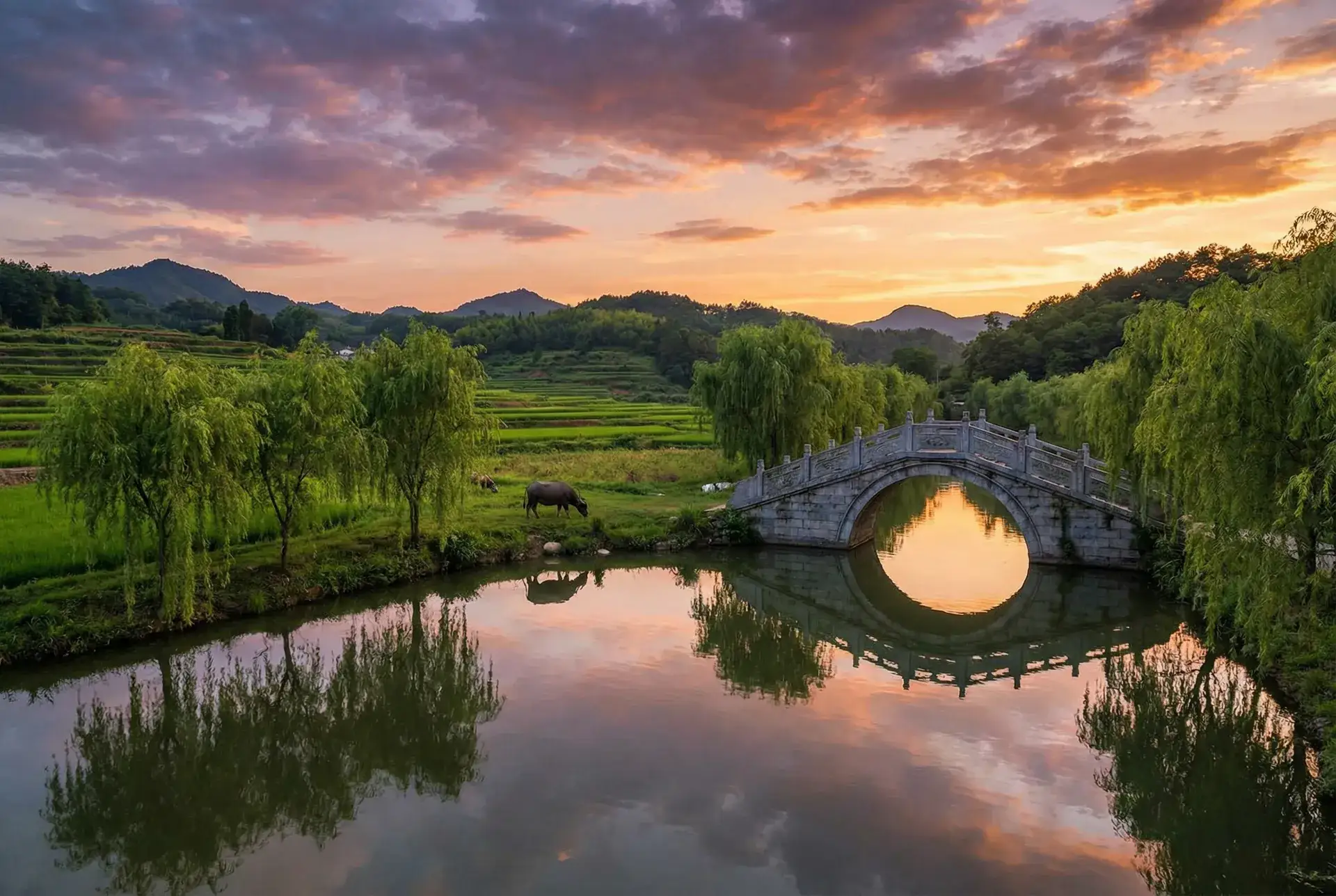 夕阳下的石拱桥与垂柳，水牛在河边吃草 - 快穿之花中欢爱H 乡村美景